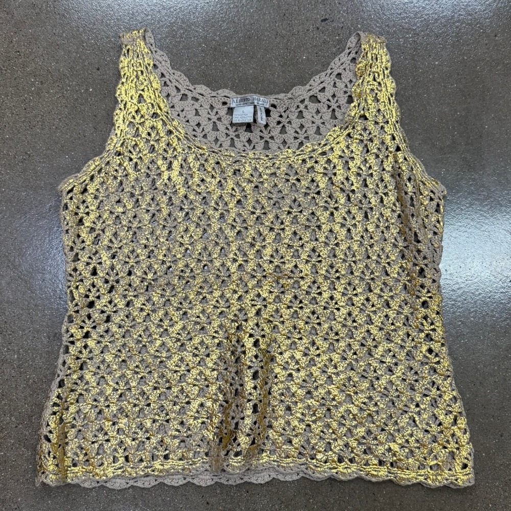 Alberto Makali Gold Metallic Crochet Tank Top Beige Cotton Knit Shell Large